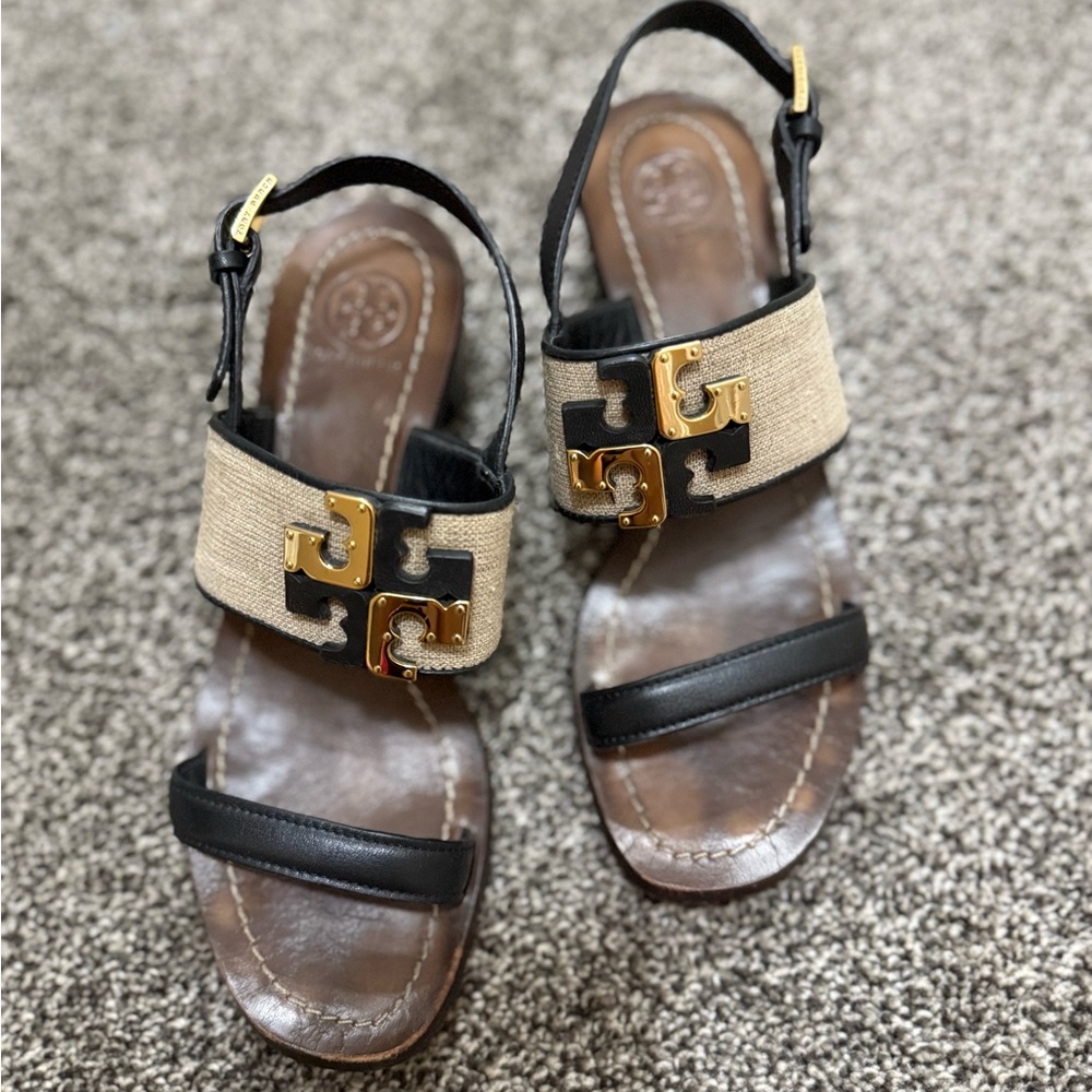 Tory Burch Black and Tan Sandals with Gold Accents